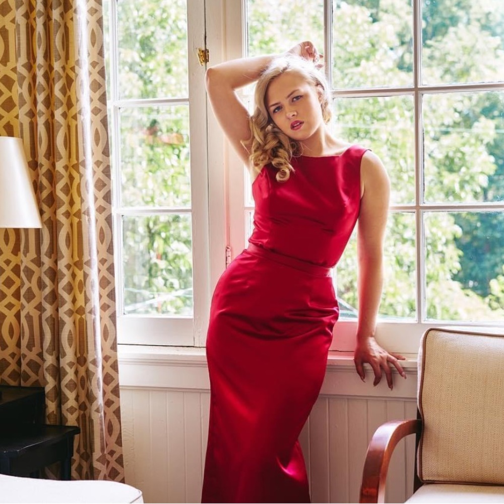 Red silk skirt and shirt